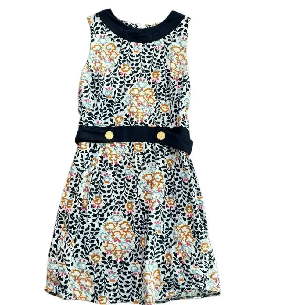 Tory Burch Women's Navy Blue orange Sleeveless Floral Shift Dress Size 8 M